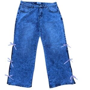 Women's Blue Wide-Leg Jeans with Side Bow Details
